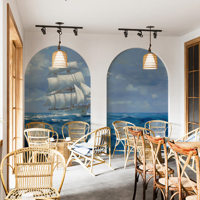 Tall Ship Rough Seas Mural Wallpaper | Classic Oil Painting, Blue and White Contrast, Nautical Adventure