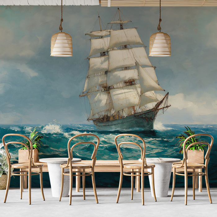 Sailing Ship Stormy Ocean Mural Wallpaper | Classic Seascape, Visible Brushwork, Grand Marine Art
