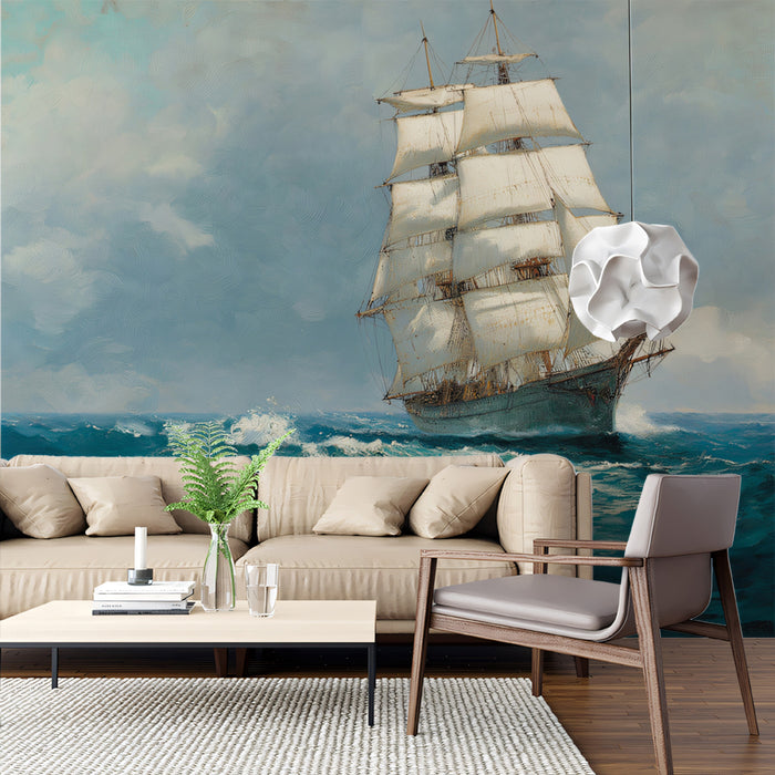 Sailing Ship Stormy Ocean Mural Wallpaper | Classic Seascape, Visible Brushwork, Grand Marine Art