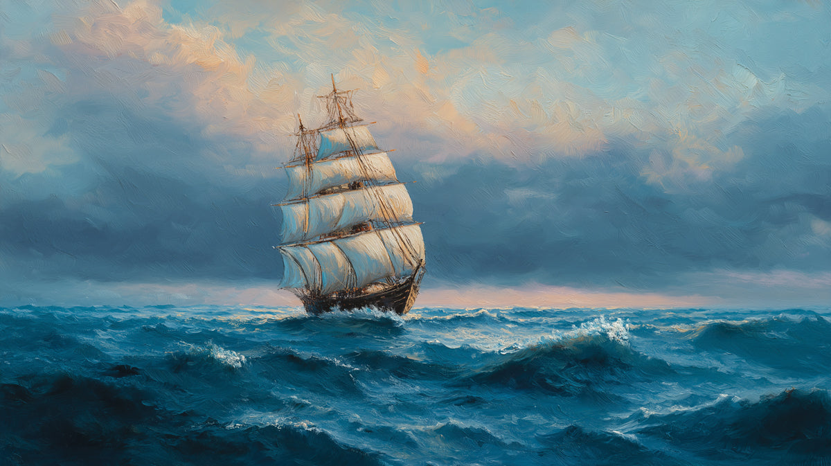 Tall Ship Stormy Sky Mural Wallpaper | High Contrast, Expressive Waves, Romantic Marine Painting