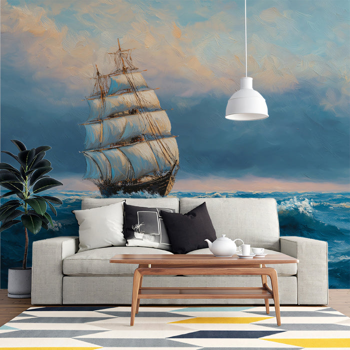 Tall Ship Stormy Sky Mural Wallpaper | High Contrast, Expressive Waves, Romantic Marine Painting