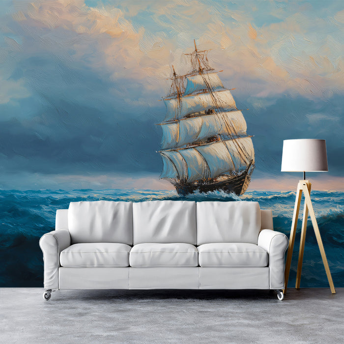 Tall Ship Stormy Sky Mural Wallpaper | High Contrast, Expressive Waves, Romantic Marine Painting