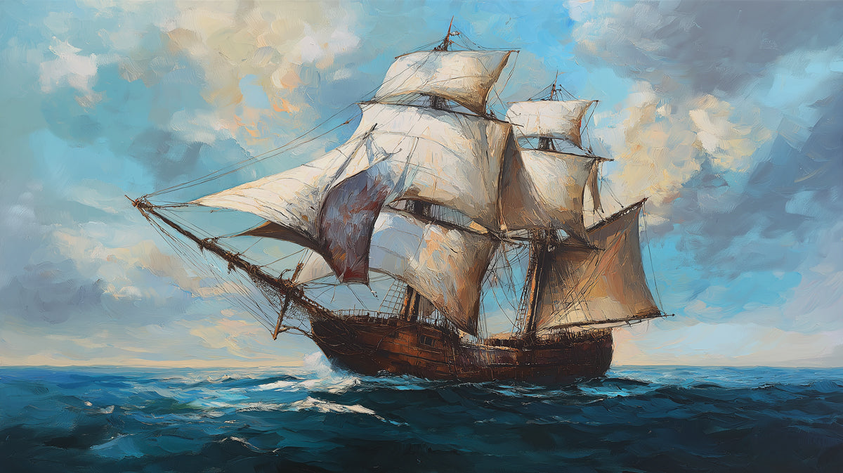 Pirate Ship Oil Painting Mural Wallpaper | Historic Galleon, Rough Sea, Blue and Brown Palette