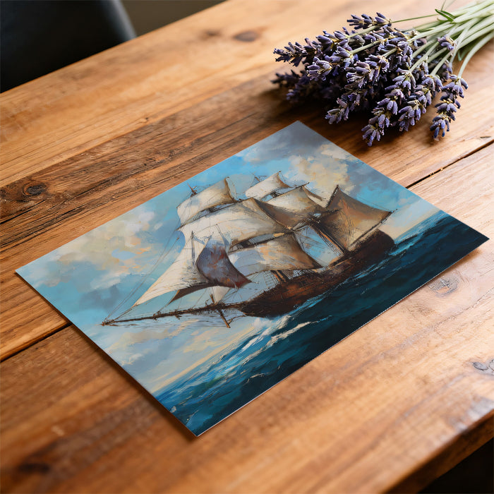 Pirate Ship Oil Painting Mural Wallpaper | Historic Galleon, Rough Sea, Blue and Brown Palette