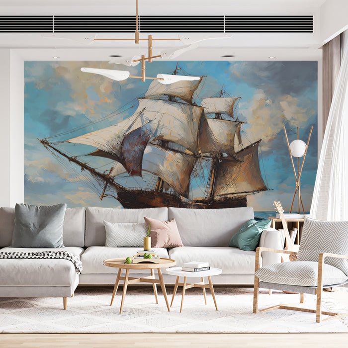 Pirate Ship Oil Painting Mural Wallpaper | Historic Galleon, Rough Sea, Blue and Brown Palette