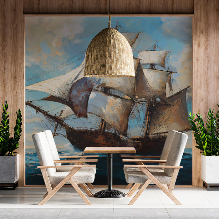 Pirate Ship Oil Painting Mural Wallpaper | Historic Galleon, Rough Sea, Blue and Brown Palette