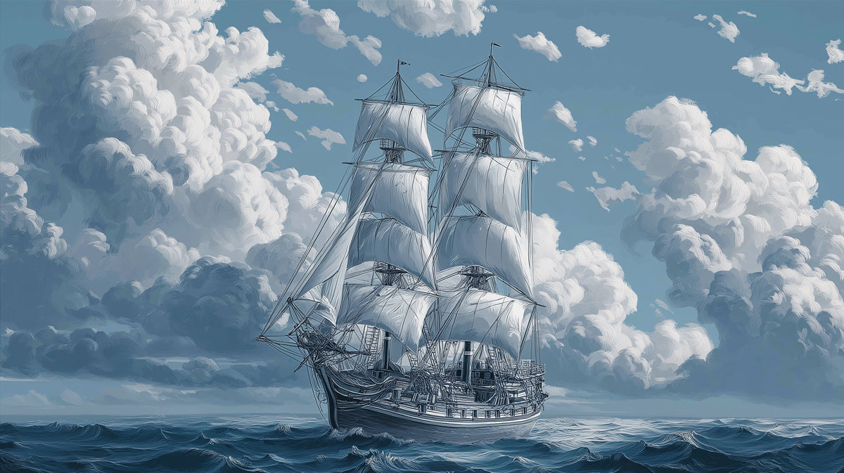 Monochrome Cloud Ship Mural Wallpaper | Cool Blue Sky, Classic Sailing Vessel, Cinematic Marine Art