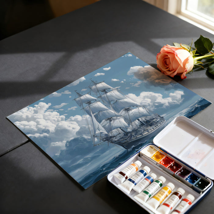 Monochrome Cloud Ship Mural Wallpaper | Cool Blue Sky, Classic Sailing Vessel, Cinematic Marine Art
