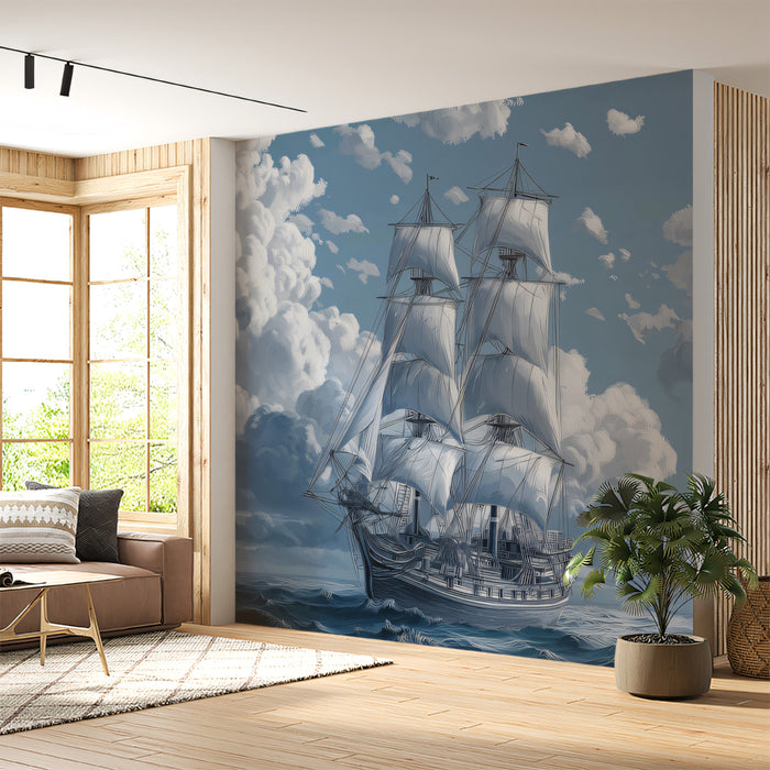 Monochrome Cloud Ship Mural Wallpaper | Cool Blue Sky, Classic Sailing Vessel, Cinematic Marine Art
