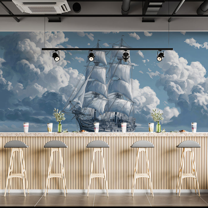 Monochrome Cloud Ship Mural Wallpaper | Cool Blue Sky, Classic Sailing Vessel, Cinematic Marine Art
