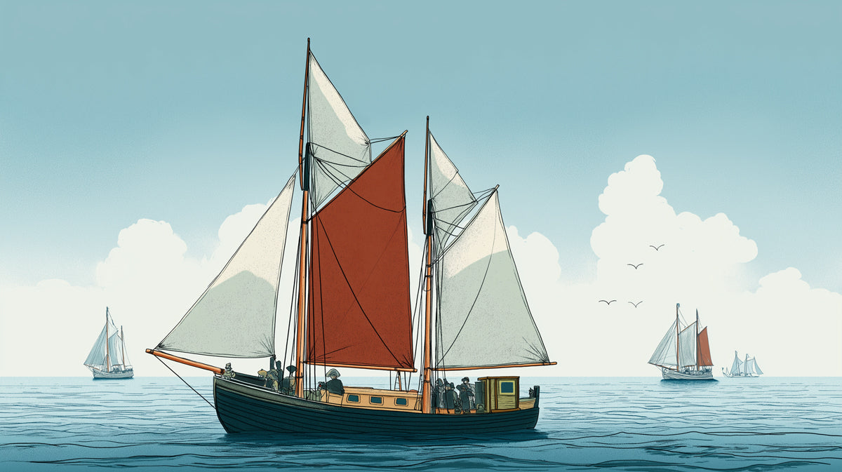 Nautical Sloop Illustration Mural Wallpaper | Red Sail Accent, Clean Blue Sea, Classic Coastal Art