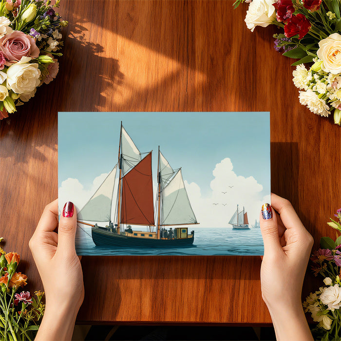 Nautical Sloop Illustration Mural Wallpaper | Red Sail Accent, Clean Blue Sea, Classic Coastal Art