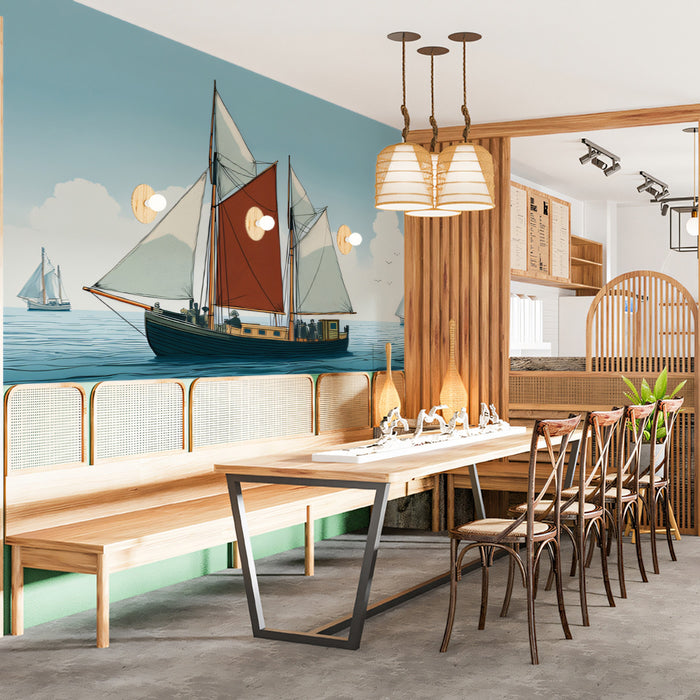 Nautical Sloop Illustration Mural Wallpaper | Red Sail Accent, Clean Blue Sea, Classic Coastal Art