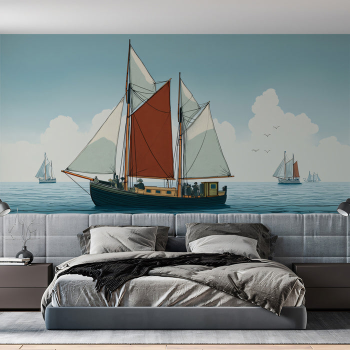 Nautical Sloop Illustration Mural Wallpaper | Red Sail Accent, Clean Blue Sea, Classic Coastal Art