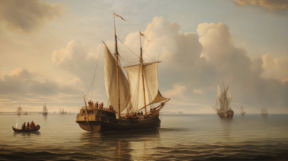 Dutch Golden Age Seascape Mural Wallpaper | Historical Ship, Pastel Sky, Calm Water Oil Painting