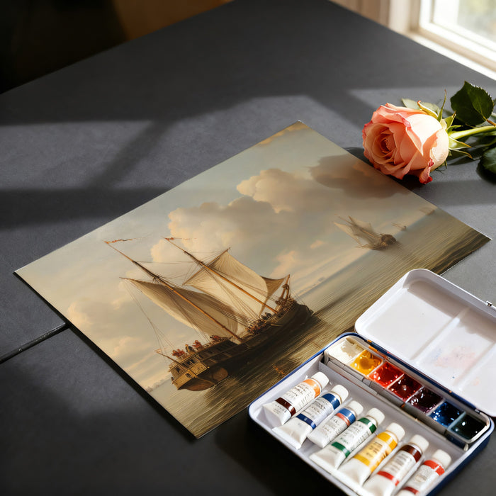 Dutch Golden Age Seascape Mural Wallpaper | Historical Ship, Pastel Sky, Calm Water Oil Painting
