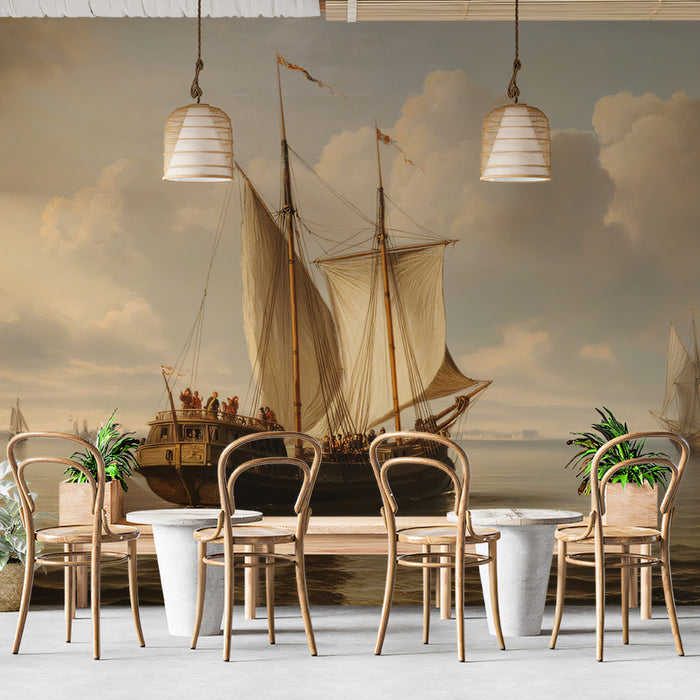 Dutch Golden Age Seascape Mural Wallpaper | Historical Ship, Pastel Sky, Calm Water Oil Painting