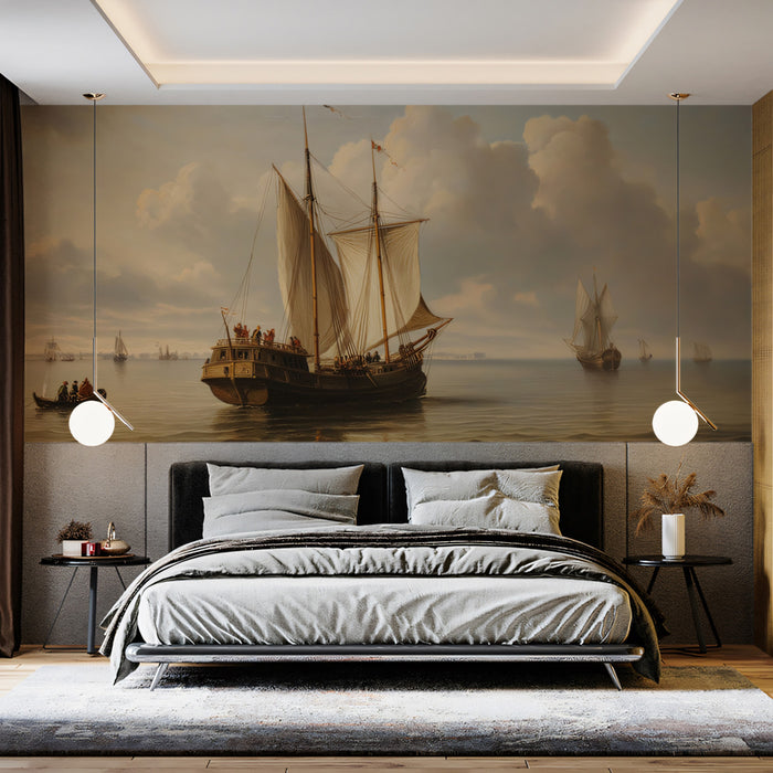 Dutch Golden Age Seascape Mural Wallpaper | Historical Ship, Pastel Sky, Calm Water Oil Painting