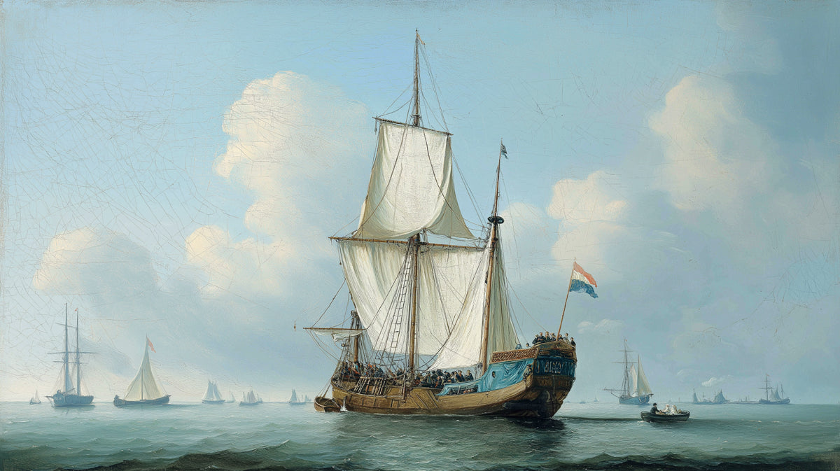 Classical Seascape Dutch Flag Mural Wallpaper | Historical Art, Blue Sky, Maritime Detail Oil Painting