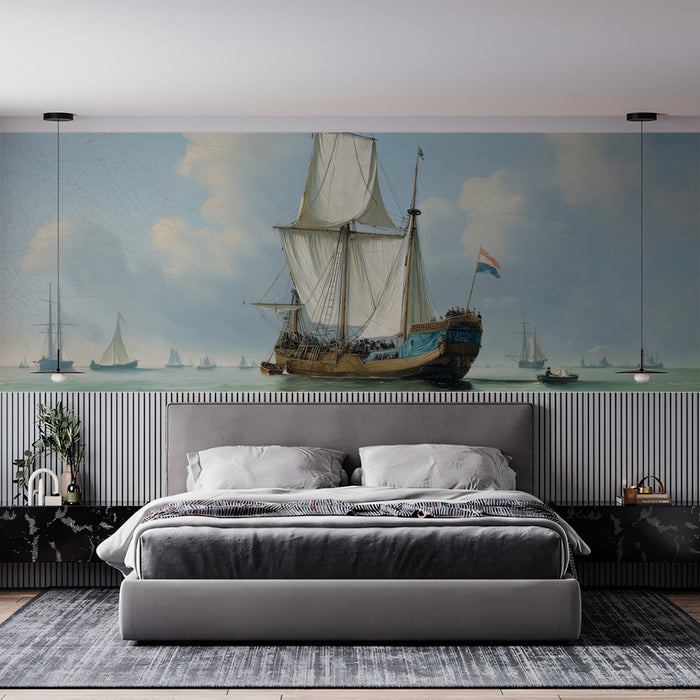 Classical Seascape Dutch Flag Mural Wallpaper | Historical Art, Blue Sky, Maritime Detail Oil Painting