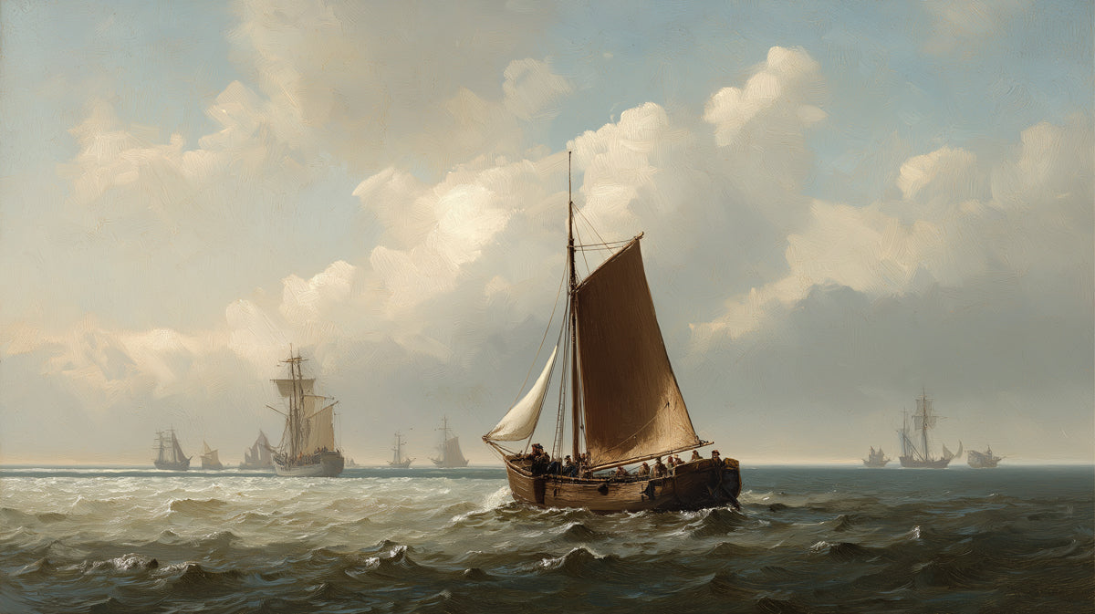 Rustic Coastal Sloop Oil Painting Mural Wallpaper | Brown Sail, Choppy Water, Old Master Technique