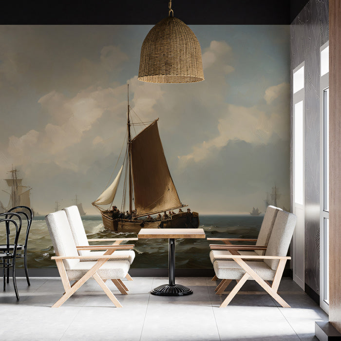 Rustic Coastal Sloop Oil Painting Mural Wallpaper | Brown Sail, Choppy Water, Old Master Technique