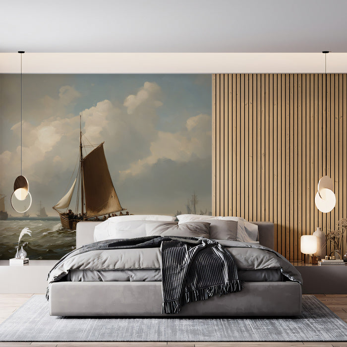 Rustic Coastal Sloop Oil Painting Mural Wallpaper | Brown Sail, Choppy Water, Old Master Technique