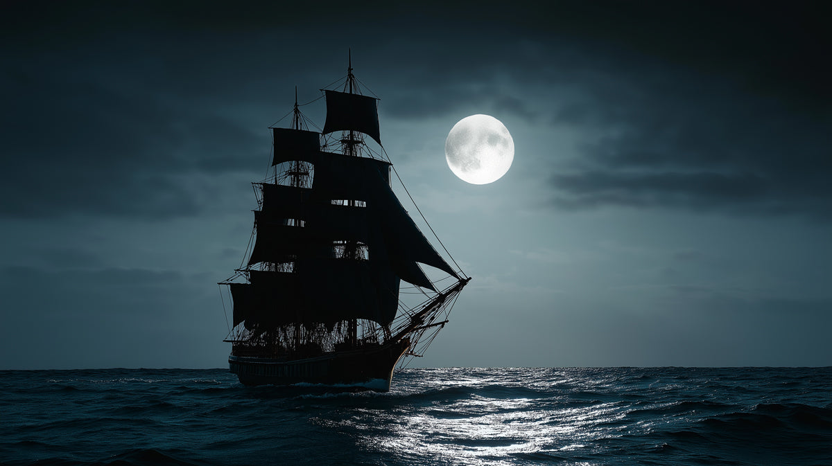 Midnight Moonlight Galleon Mural Wallpaper | Pirate Ship Silhouette, Full Moon Glow, Dark Romantic Seascape
