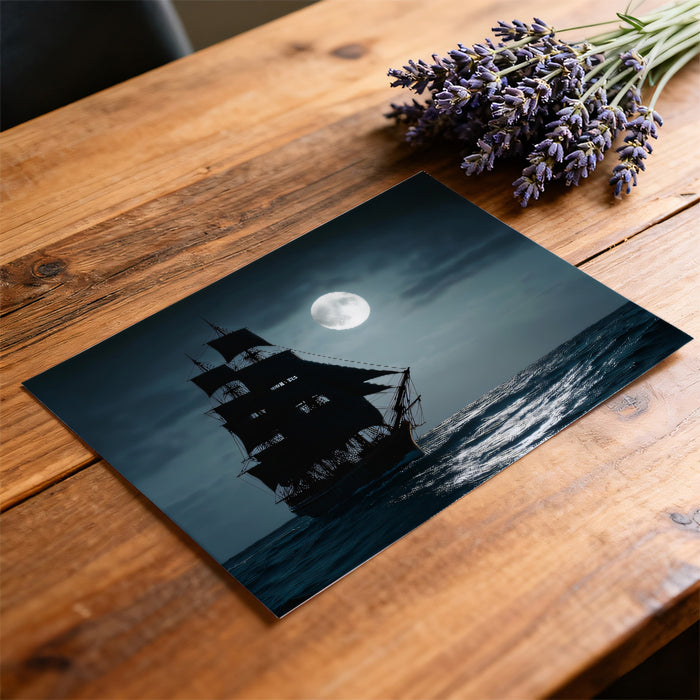 Midnight Moonlight Galleon Mural Wallpaper | Pirate Ship Silhouette, Full Moon Glow, Dark Romantic Seascape