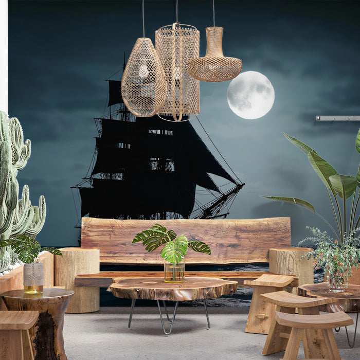 Midnight Moonlight Galleon Mural Wallpaper | Pirate Ship Silhouette, Full Moon Glow, Dark Romantic Seascape