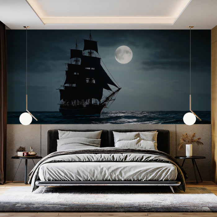 Midnight Moonlight Galleon Mural Wallpaper | Pirate Ship Silhouette, Full Moon Glow, Dark Romantic Seascape