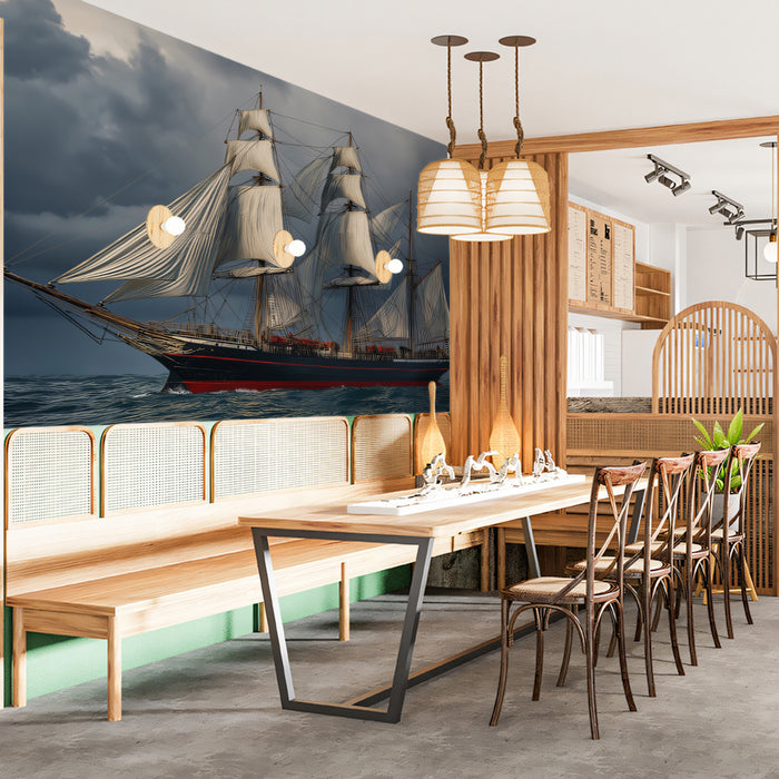 Stormy Seas Tall Ship Mural Wallpaper | Realistic Vessel, Dark Clouds, High-Contrast Marine Drama