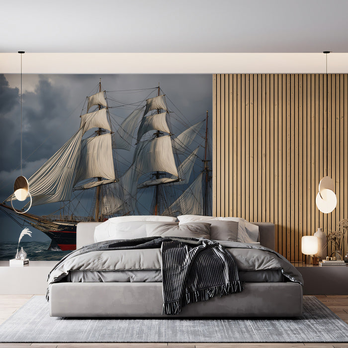 Stormy Seas Tall Ship Mural Wallpaper | Realistic Vessel, Dark Clouds, High-Contrast Marine Drama