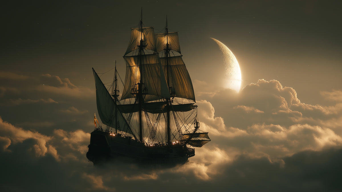 Ethereal Cloud Galleon Mural Wallpaper | Fantasy Airship, Golden Light, Surreal Moonscape