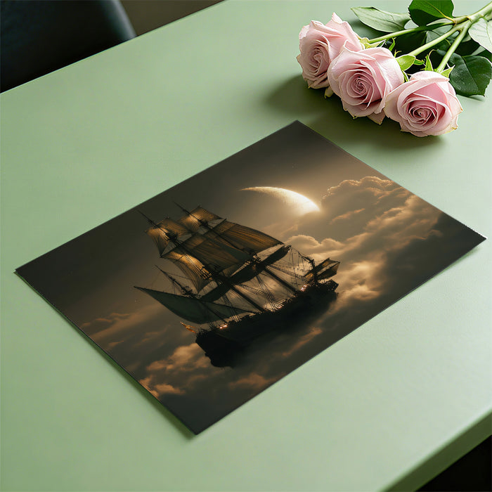 Ethereal Cloud Galleon Mural Wallpaper | Fantasy Airship, Golden Light, Surreal Moonscape