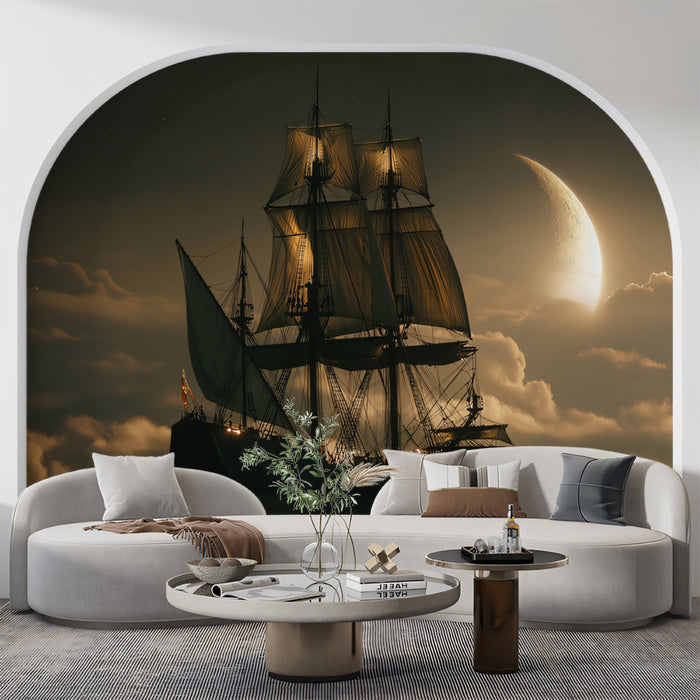 Ethereal Cloud Galleon Mural Wallpaper | Fantasy Airship, Golden Light, Surreal Moonscape