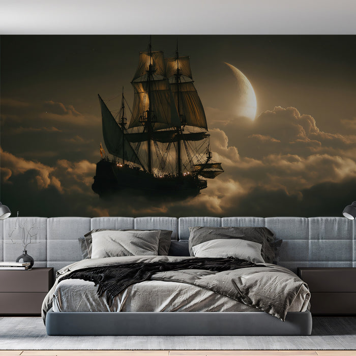 Ethereal Cloud Galleon Mural Wallpaper | Fantasy Airship, Golden Light, Surreal Moonscape