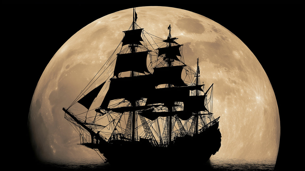 Full Moon Pirate Ship Silhouette Mural Wallpaper | Cinematic Contrast, Sepia Tones, Dark Nautical Drama