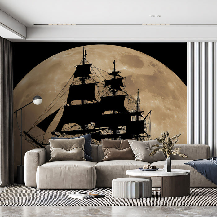 Full Moon Pirate Ship Silhouette Mural Wallpaper | Cinematic Contrast, Sepia Tones, Dark Nautical Drama