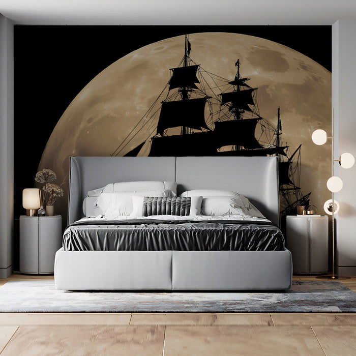 Full Moon Pirate Ship Silhouette Mural Wallpaper | Cinematic Contrast, Sepia Tones, Dark Nautical Drama