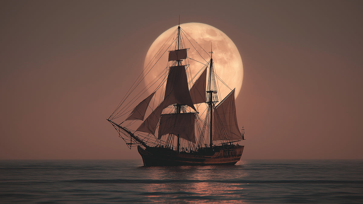 Warm Moon Sailing Ship Mural Wallpaper | Sepia Tones, Romantic Seascape, Full Moon Glow