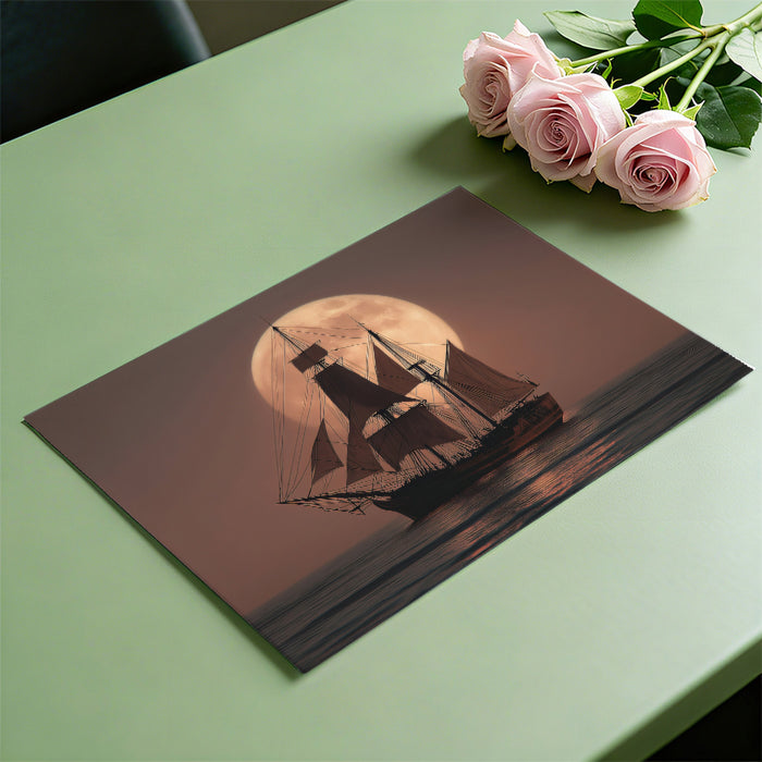 Warm Moon Sailing Ship Mural Wallpaper | Sepia Tones, Romantic Seascape, Full Moon Glow