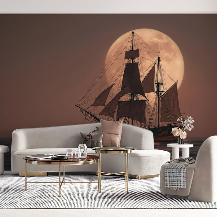 Warm Moon Sailing Ship Mural Wallpaper | Sepia Tones, Romantic Seascape, Full Moon Glow