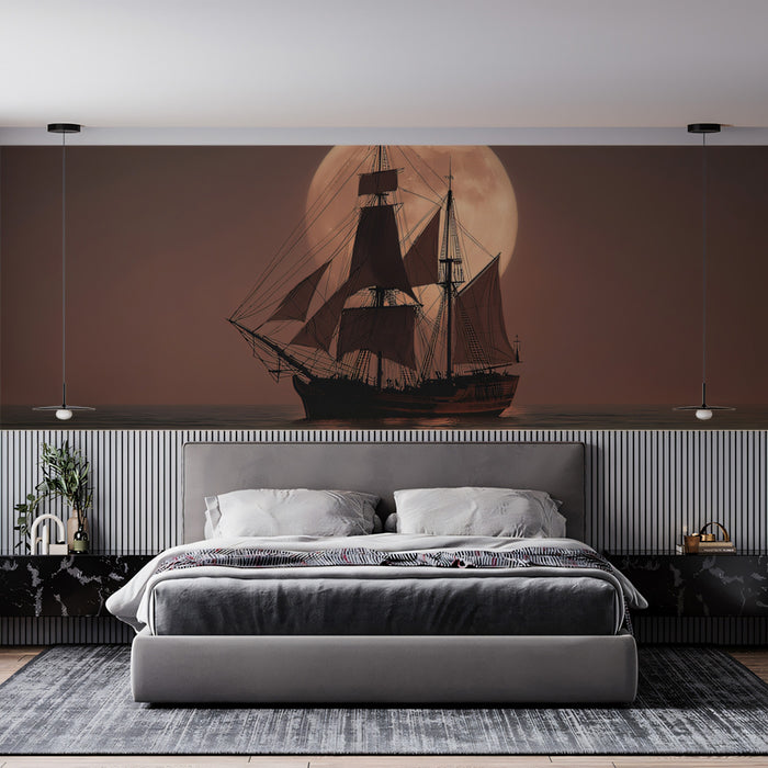 Warm Moon Sailing Ship Mural Wallpaper | Sepia Tones, Romantic Seascape, Full Moon Glow