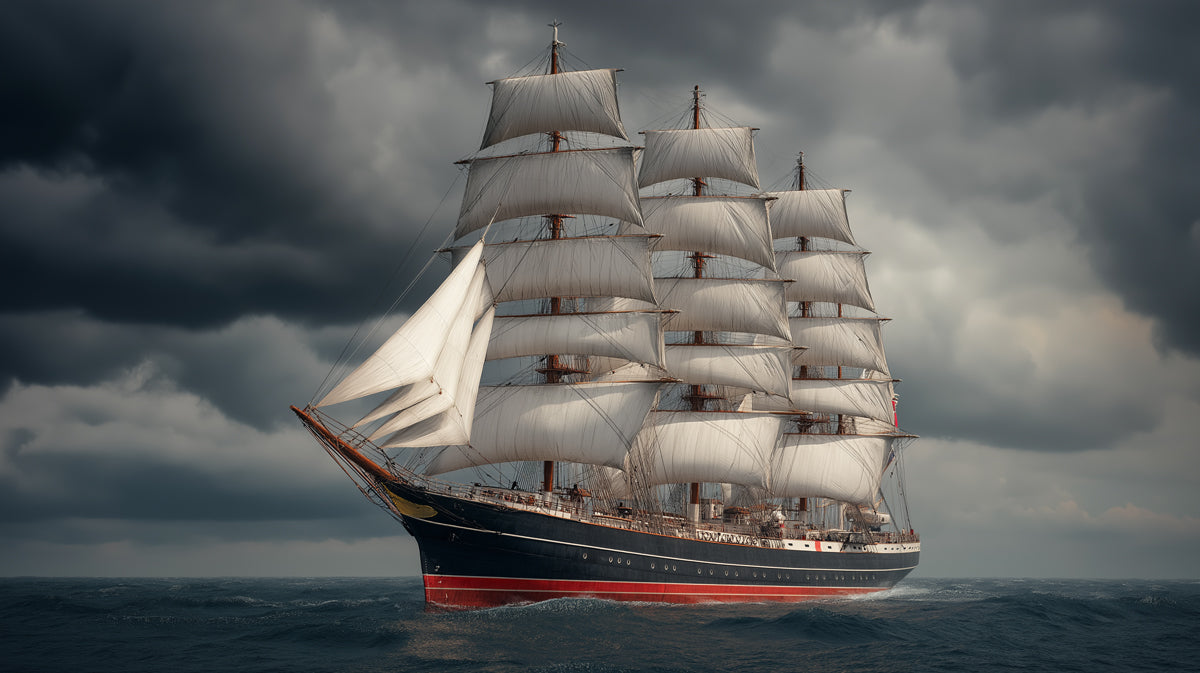 Full-Rigged Ship Stormy Sky Mural Wallpaper | Cinematic Realism, Dark Clouds, Marine Photography