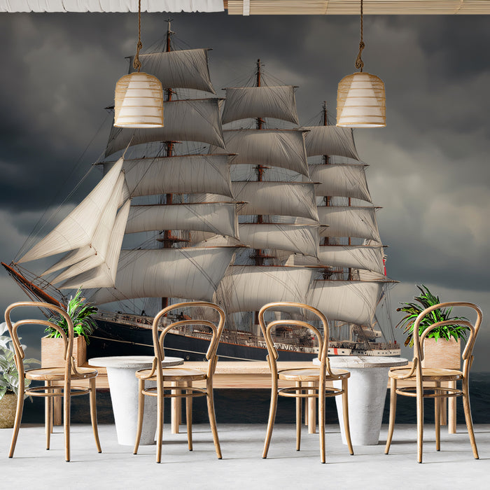 Full-Rigged Ship Stormy Sky Mural Wallpaper | Cinematic Realism, Dark Clouds, Marine Photography