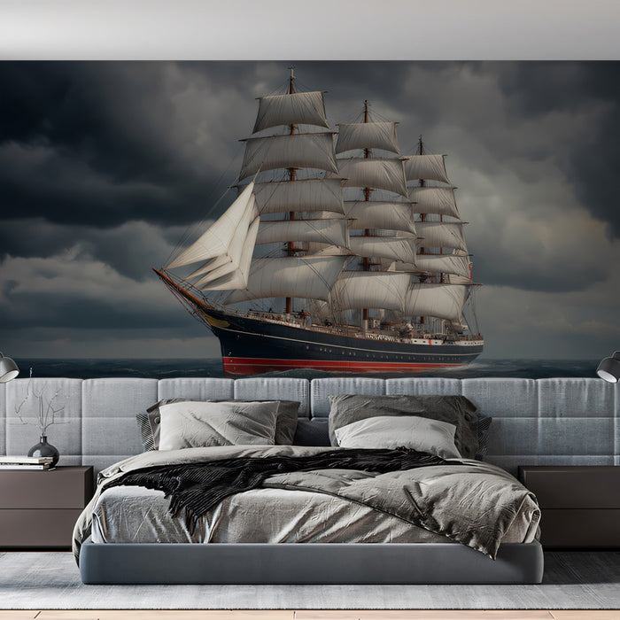 Full-Rigged Ship Stormy Sky Mural Wallpaper | Cinematic Realism, Dark Clouds, Marine Photography
