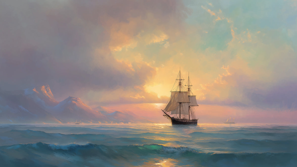 Sunset Seascape Sailing Mural Wallpaper | Oil Painting, Misty Mountains, Warm and Cool Tones