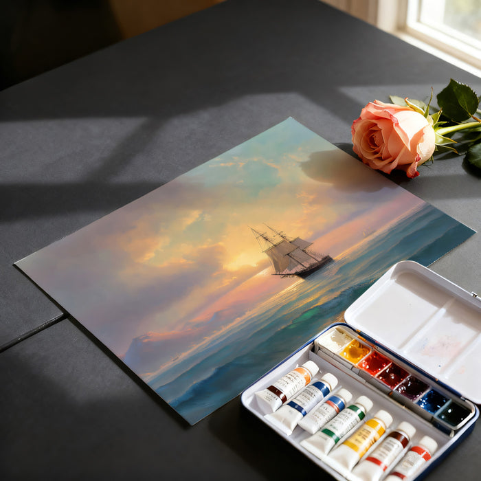 Sunset Seascape Sailing Mural Wallpaper | Oil Painting, Misty Mountains, Warm and Cool Tones