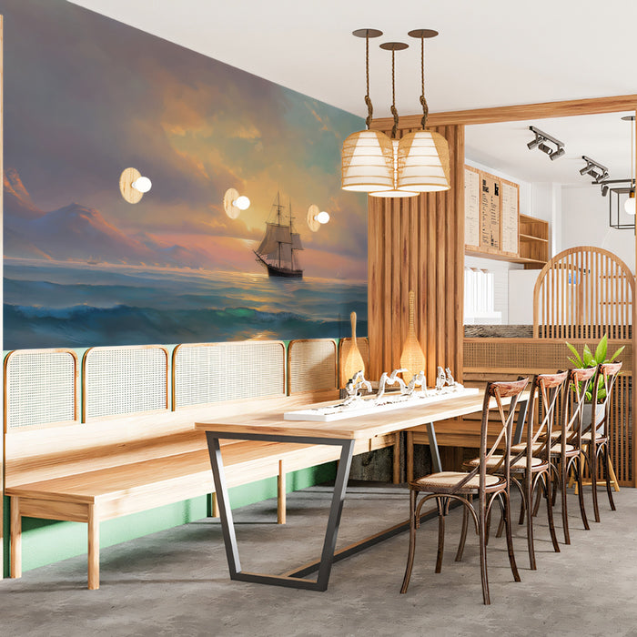 Sunset Seascape Sailing Mural Wallpaper | Oil Painting, Misty Mountains, Warm and Cool Tones